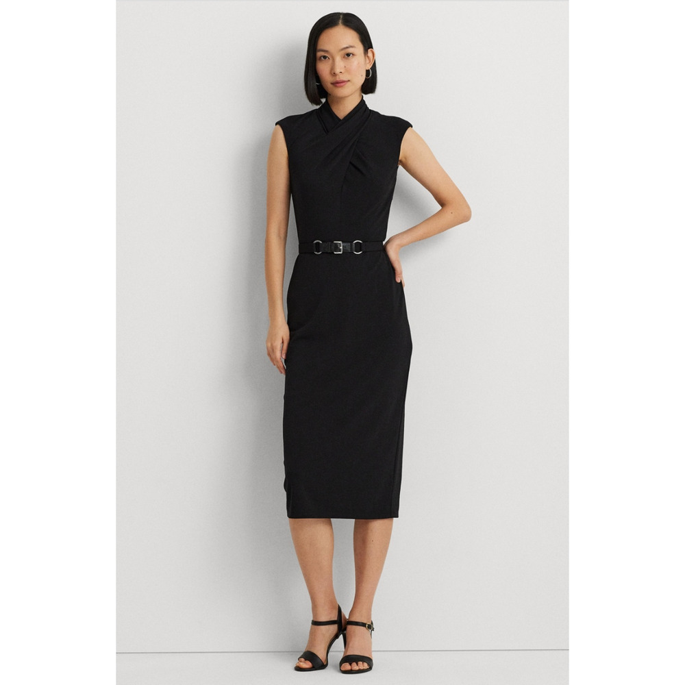 Lauren Ralph Lauren Women Belted Jersey Mock Neck Dress Black Size 10 - Picture 1 of 5